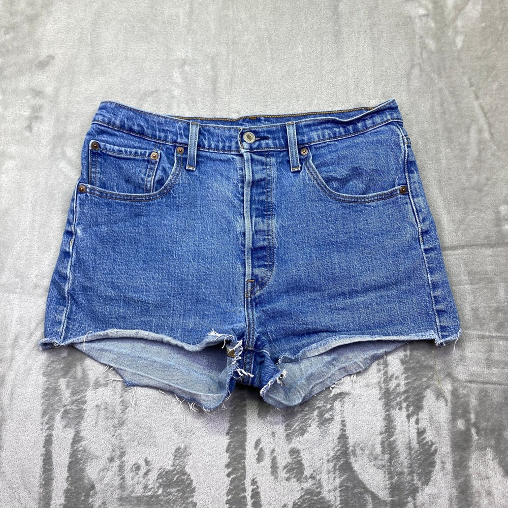Levi's 501 Cutoff Denim Jean Shorts Blue Button Fly Raw Hem Women Sz 31 Fits 30"